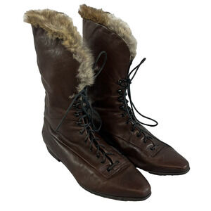 Vintage Made In Italy Ladies Brown Leather Tie Up Ankle Boots w/ Fur size 8 N
